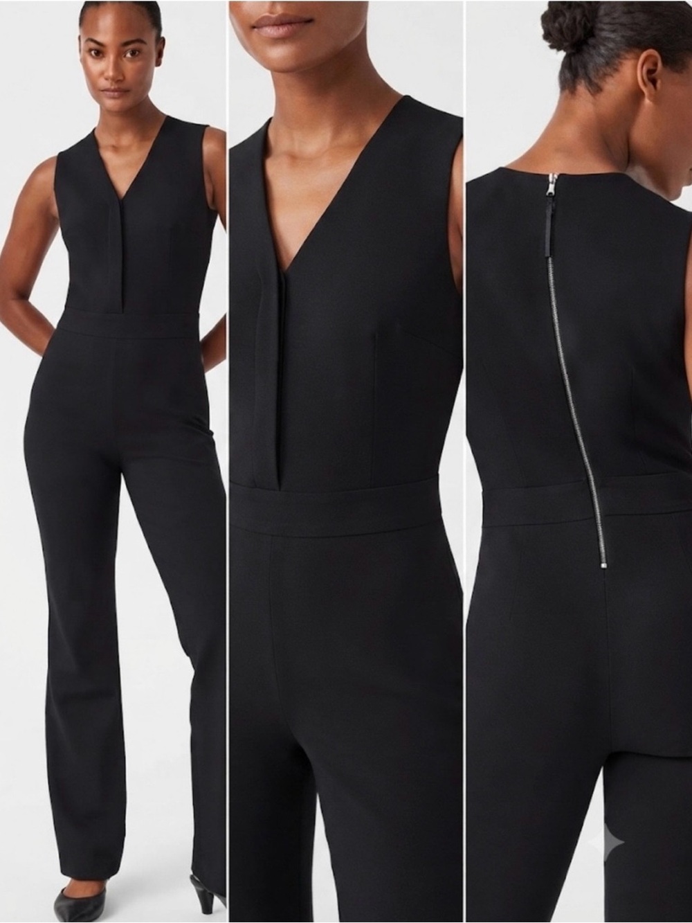 Spanx Perfect Sleeveless Ponte Jumpsuit Black V-Neck Shaping Size L